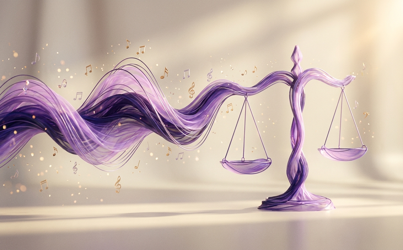 Purple soundwave flowing into a balance scale with floating music notes — Bar Songz, where law meets music.
